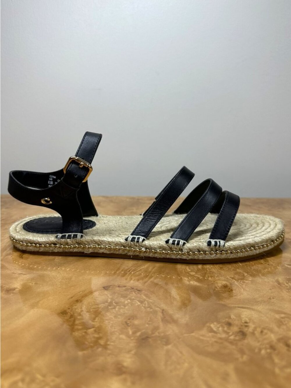 NEW Coach Carissa C2794 Black Leather Espadrille Sandals Gold Trim 8.5B